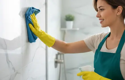 Professional house cleaner wiping a marble shower wall in a bathroom