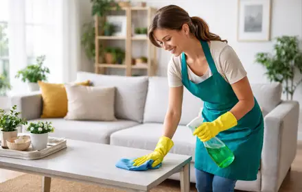 Professional house cleaner wiping kitchen countertop