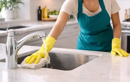 Professional house cleaner wiping a sink in a modern kitchen