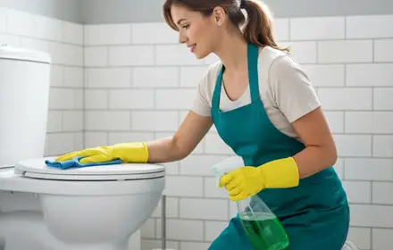 Professional house cleaner cleaning a toilet in a tiled bathroom